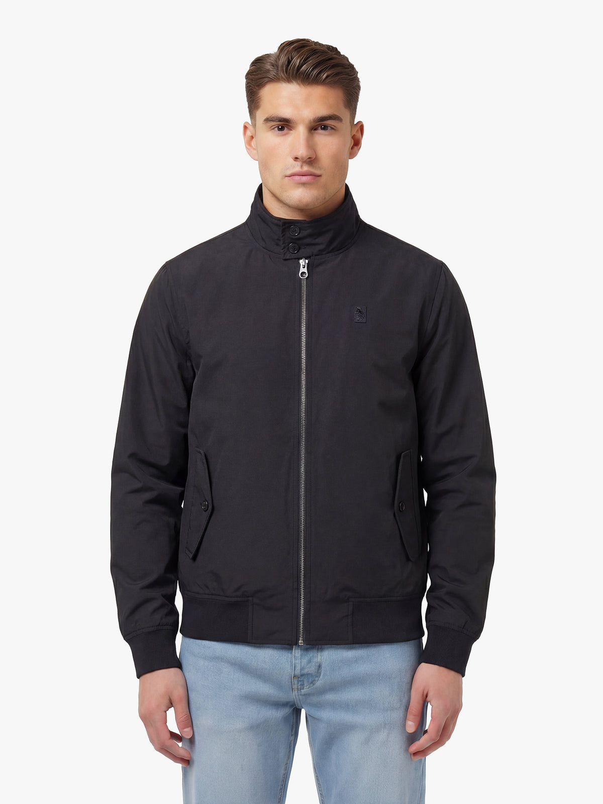 Men's black jacket with zip-up front and front pocket, front view