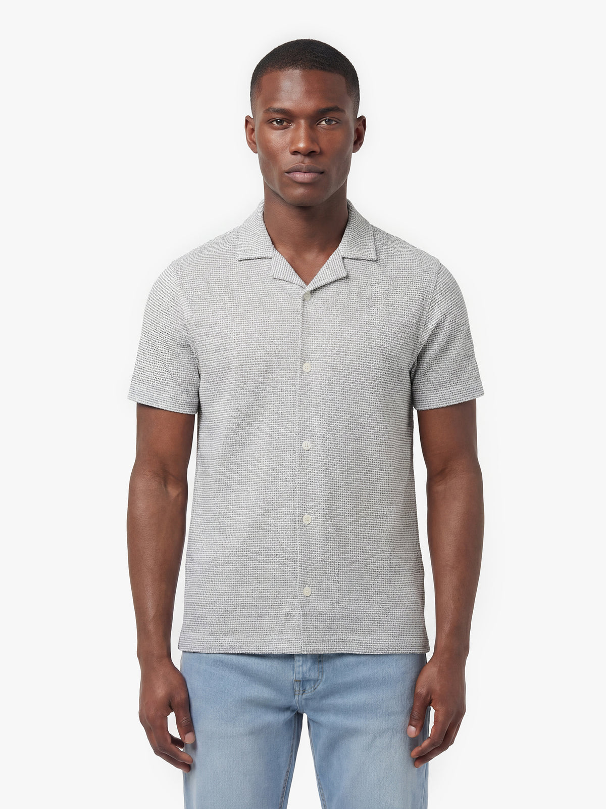 Men's grey shirt with button-up front, front view