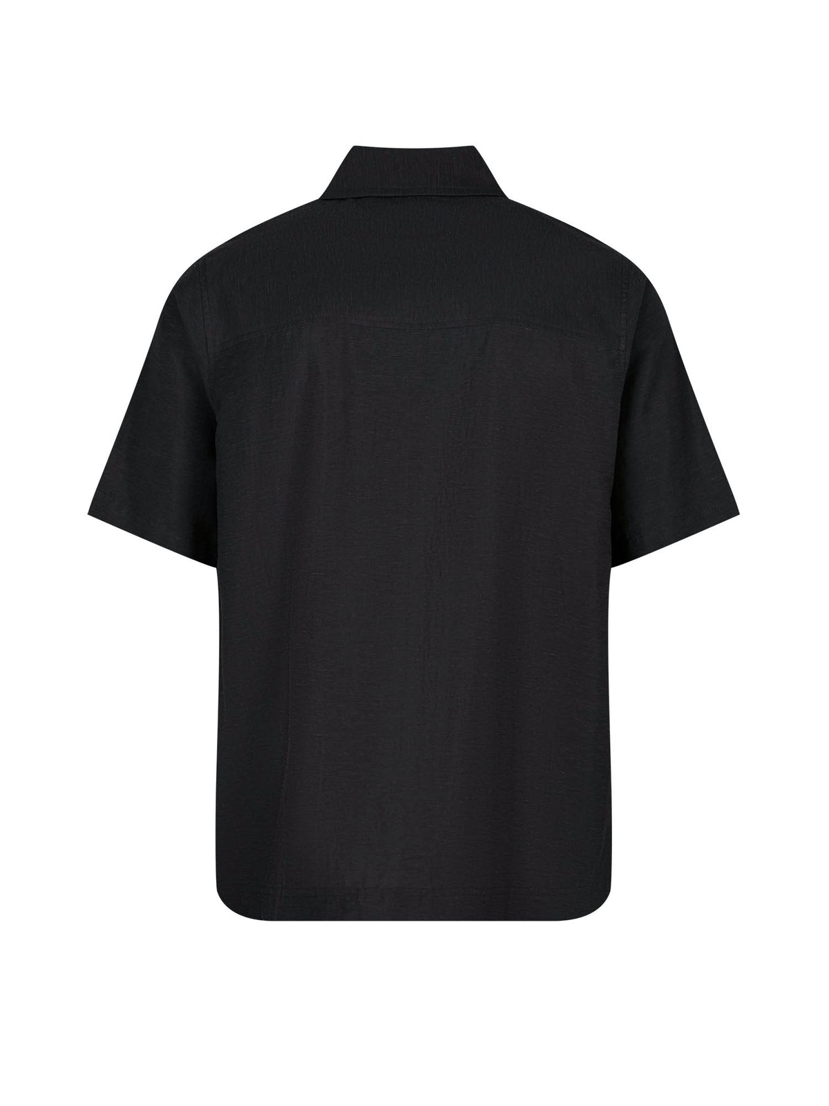Men's relaxed-fit black shirt with button-up front, back view