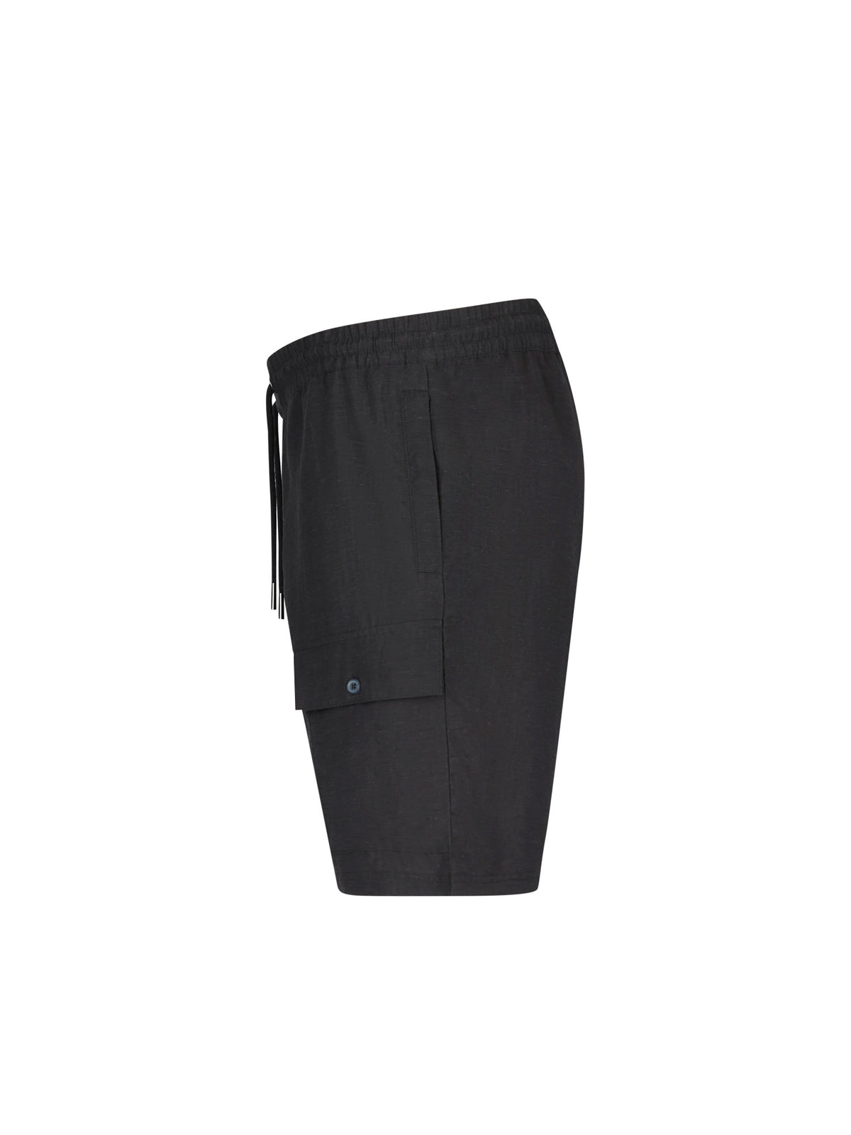 Men's black shorts with drawstring waistband and cargo pockets, side view