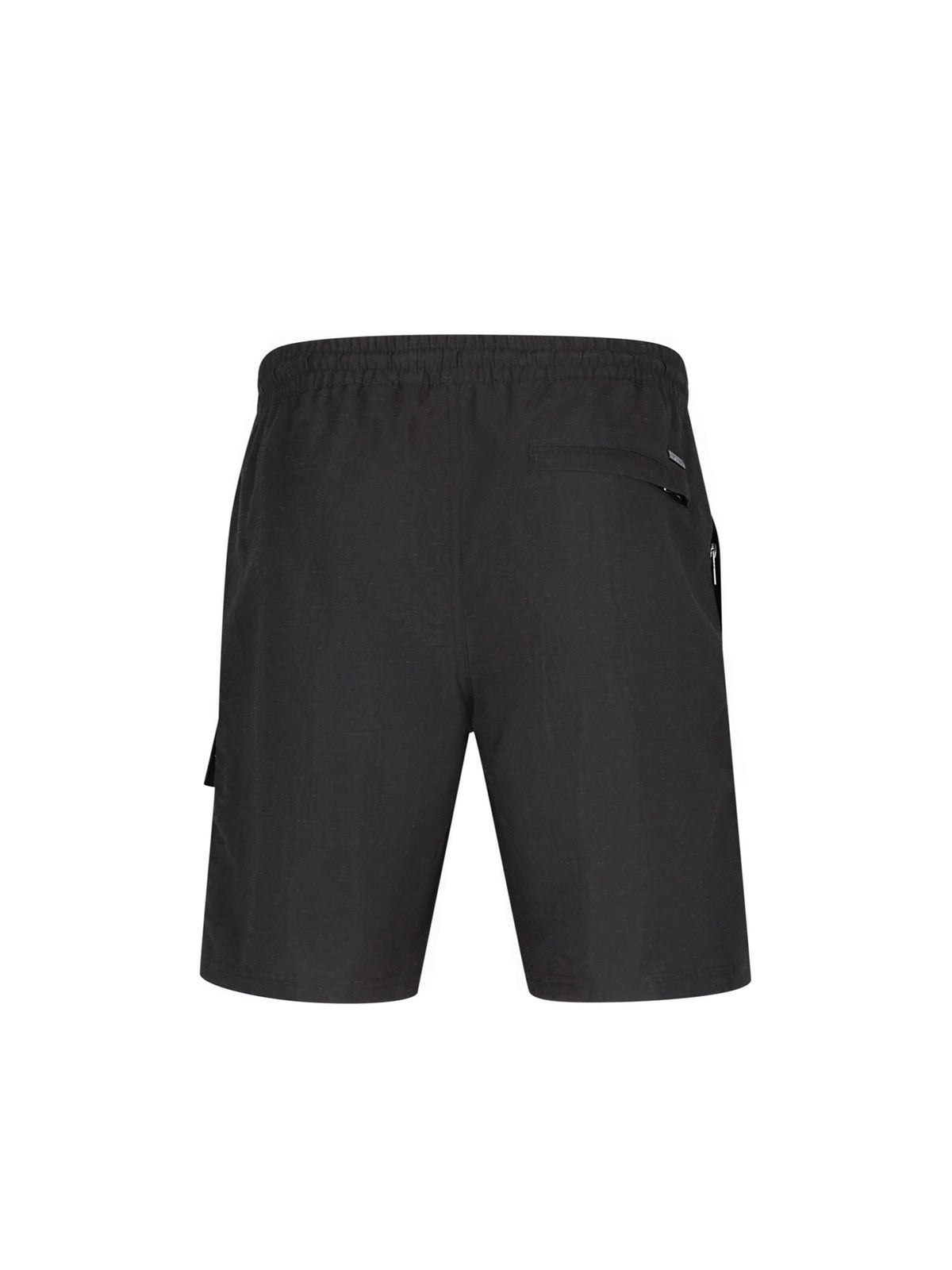 Men's black shorts with drawstring waistband and cargo pockets, back view
