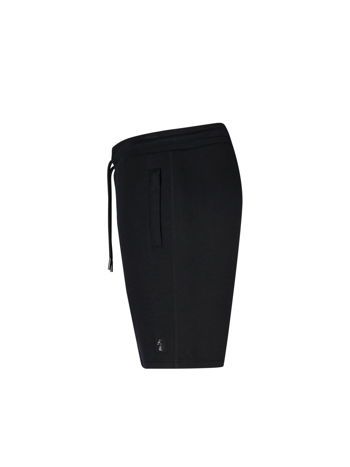 Men's black shorts with drawstring waistband, side view
