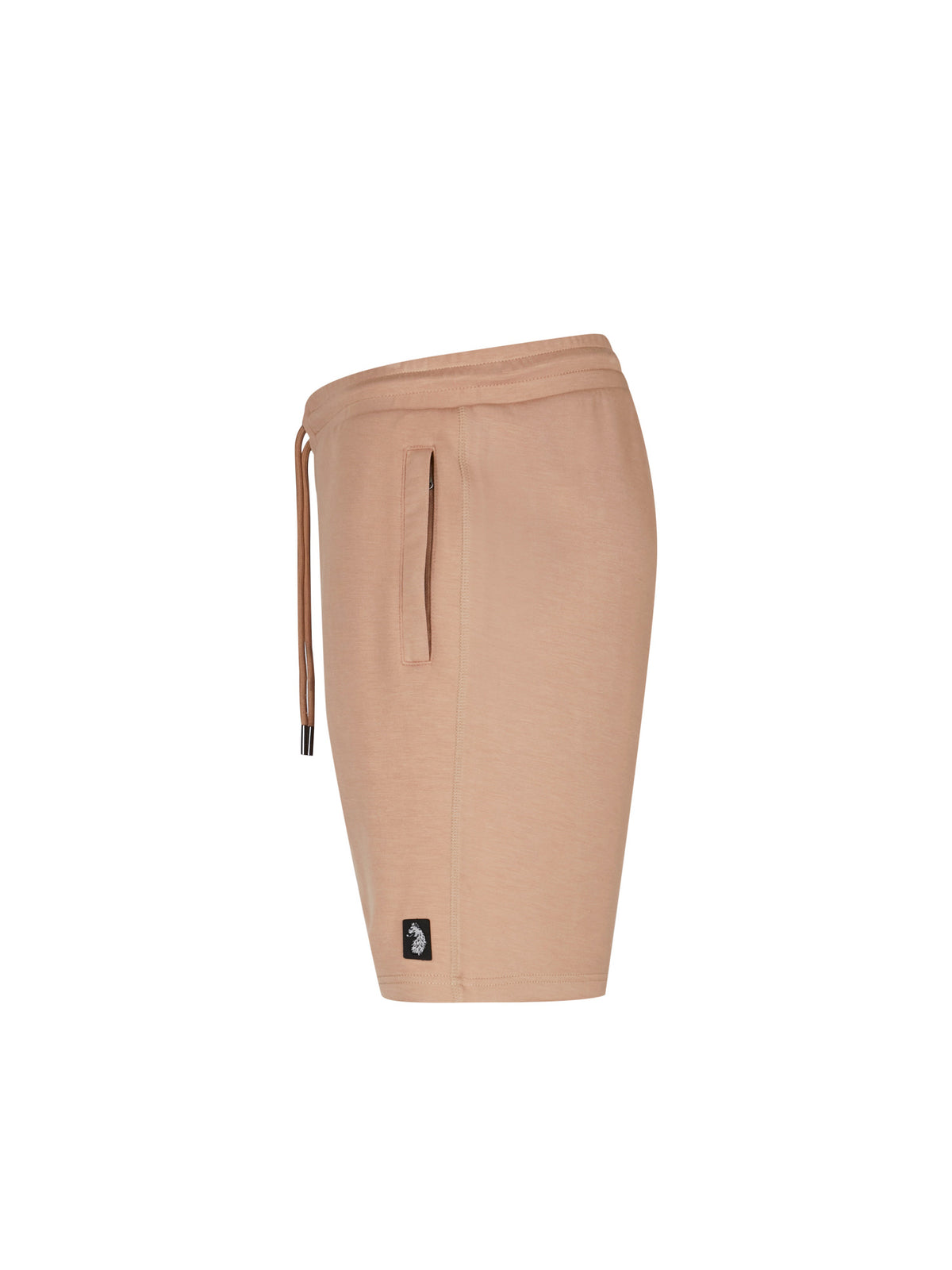 Men's beige shorts with drawstring waistband, side view