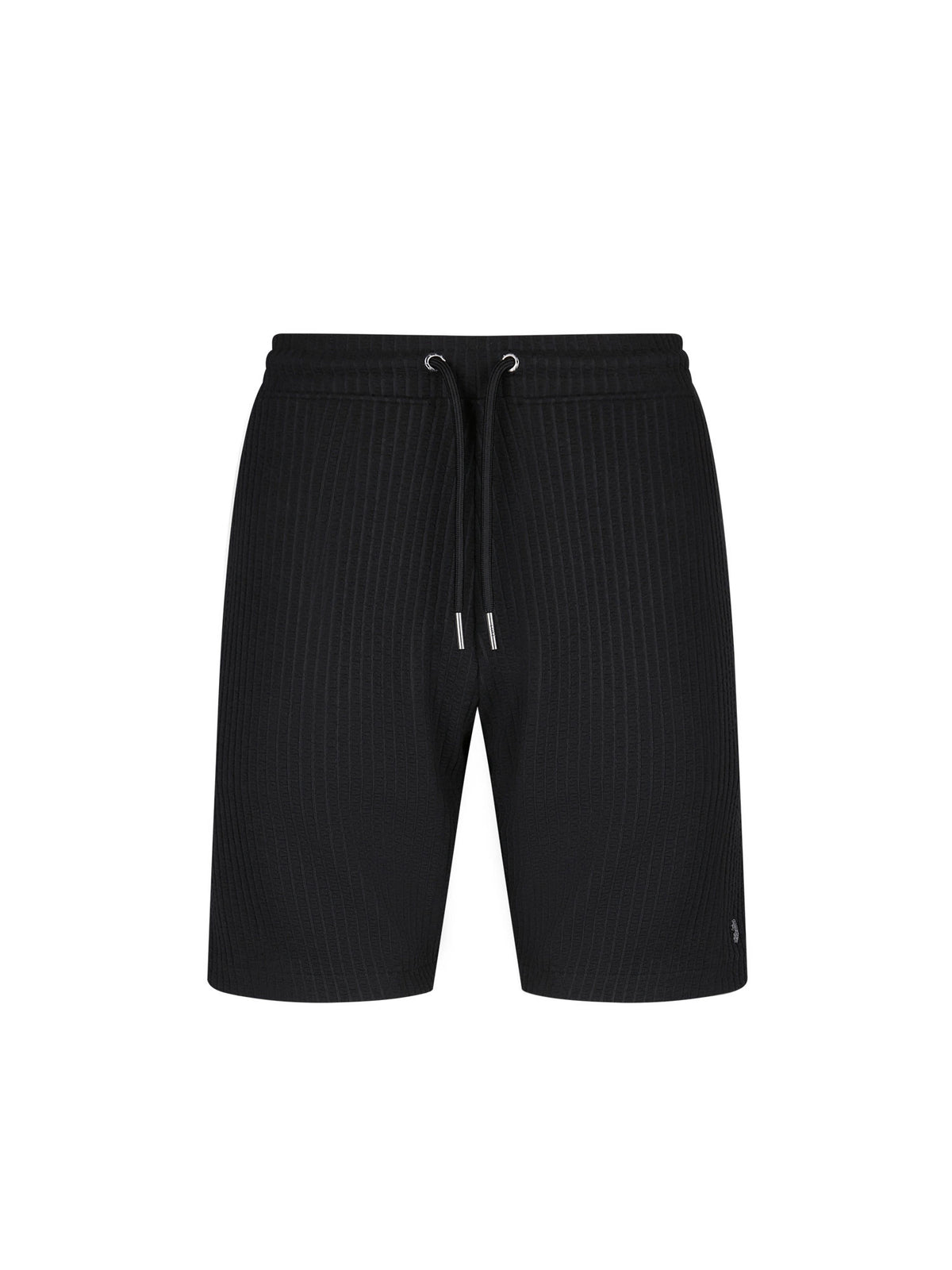 Men's black shorts with drawstring waistband, front view