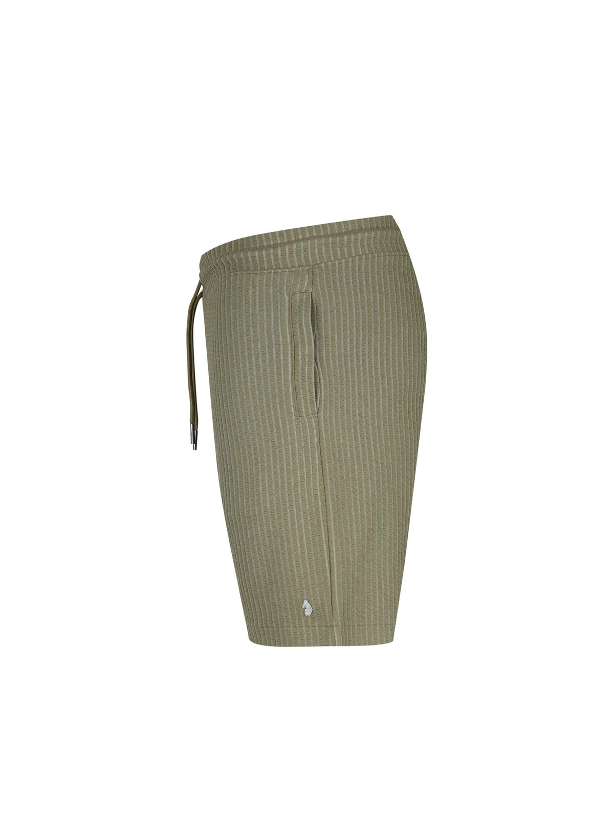 Men's green shorts with drawstring waistband, side view