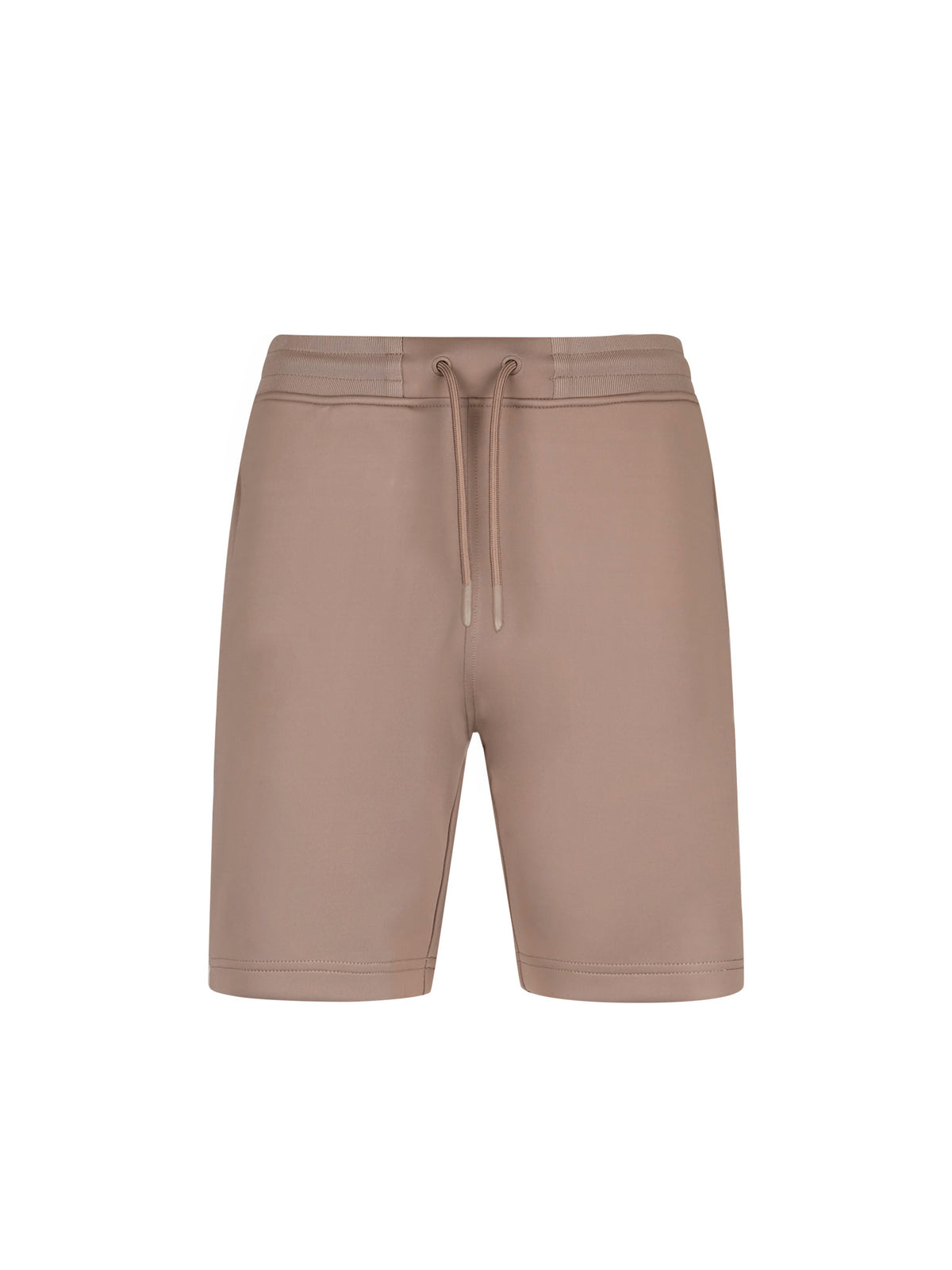 Men's brown shorts with drawstring waistband, front view