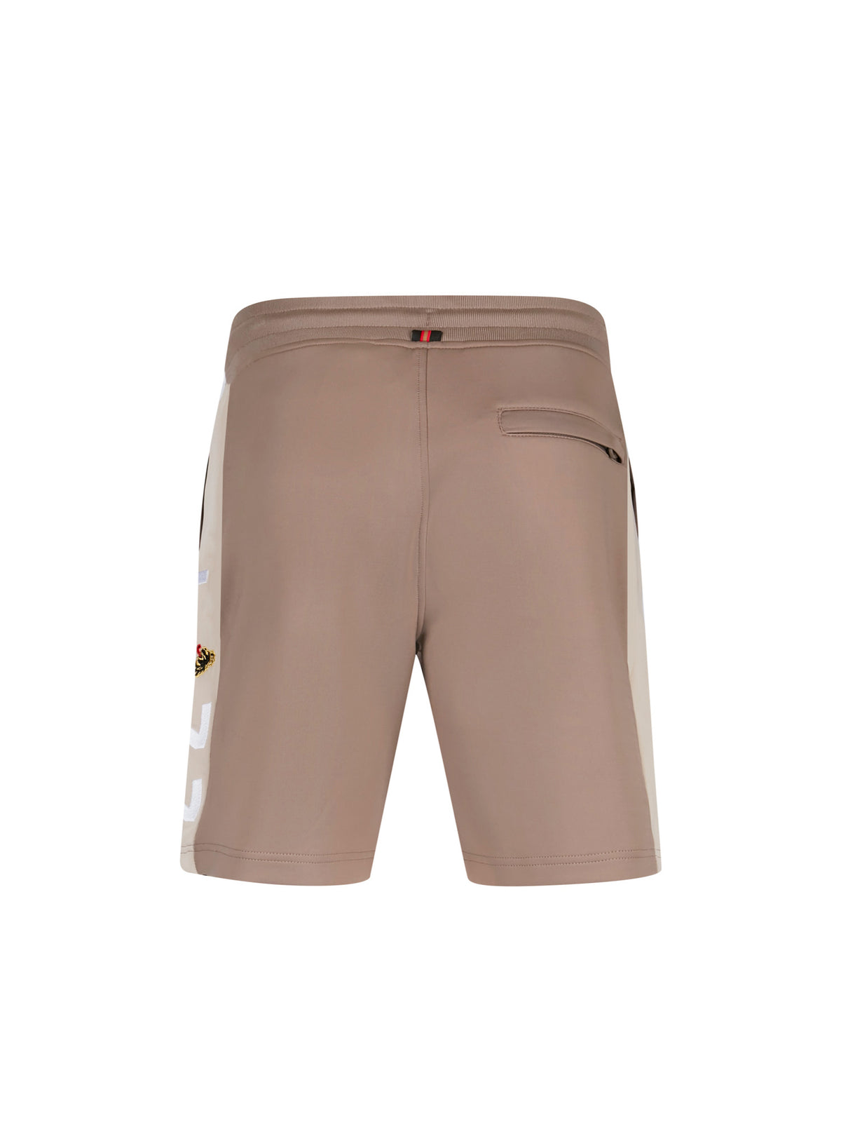 Men's brown shorts with drawstring waistband, back view