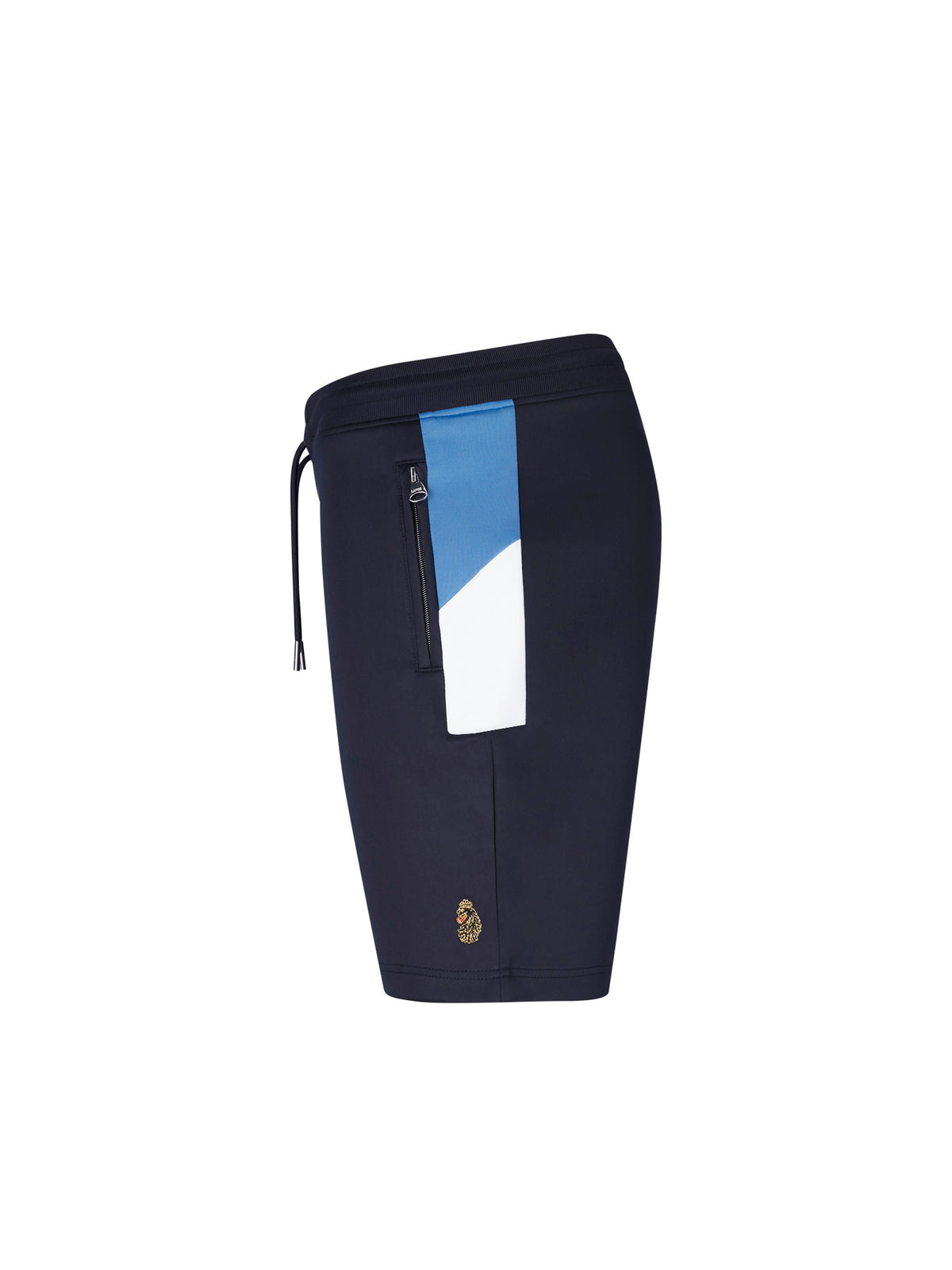 Men's navy shorts with drawstring waistband, side view