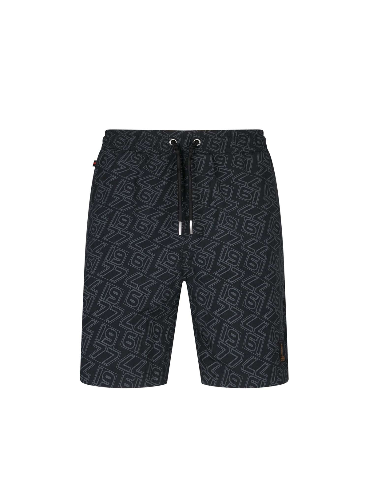 Men's black swim shorts with drawstring waistband, front view