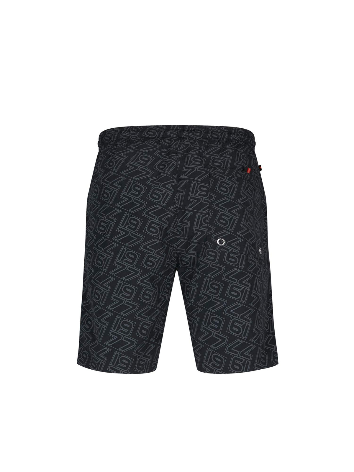 Men's black swim shorts with drawstring waistband, back view