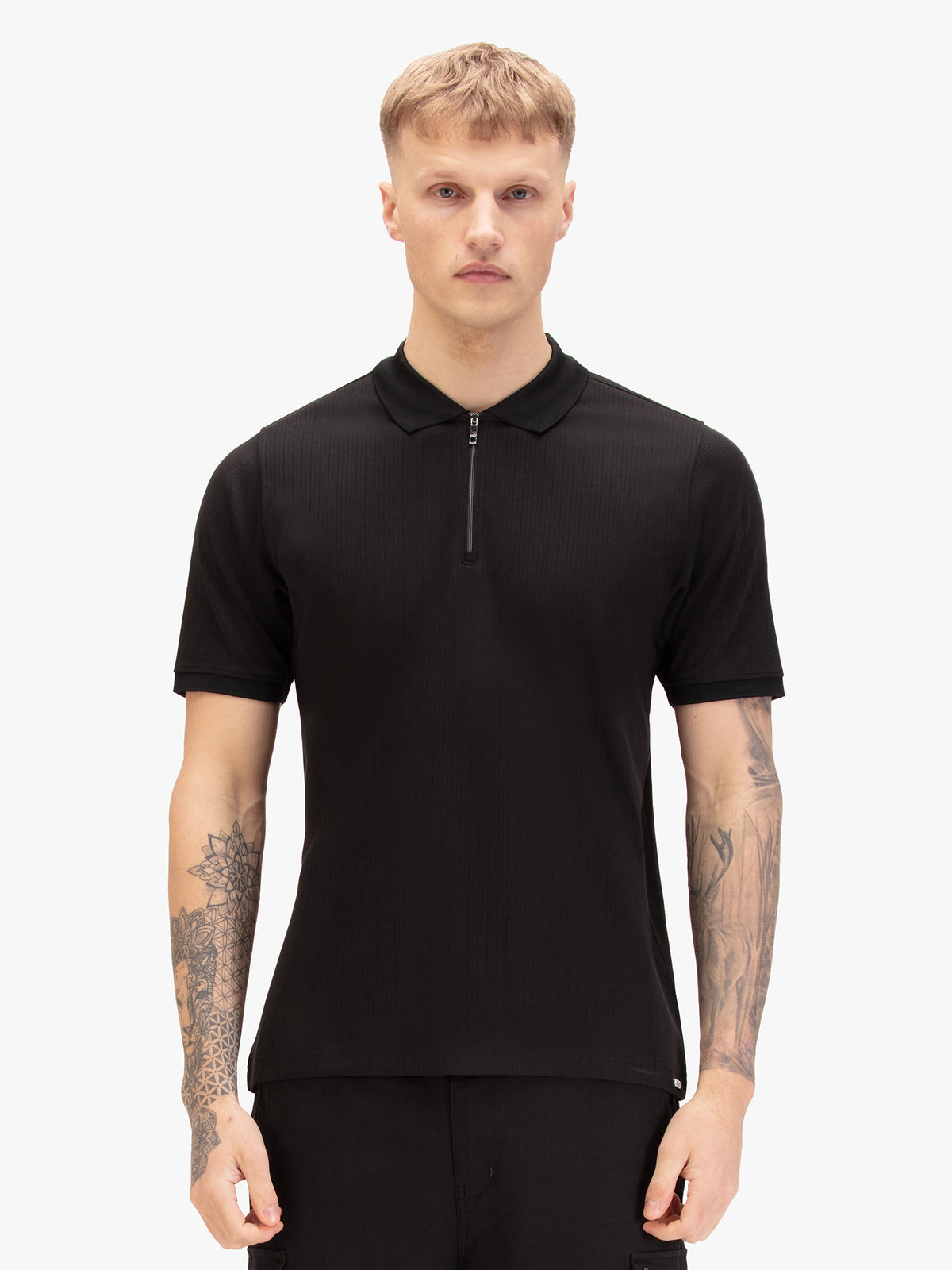 Men's black polo shirt with polo collar, front view