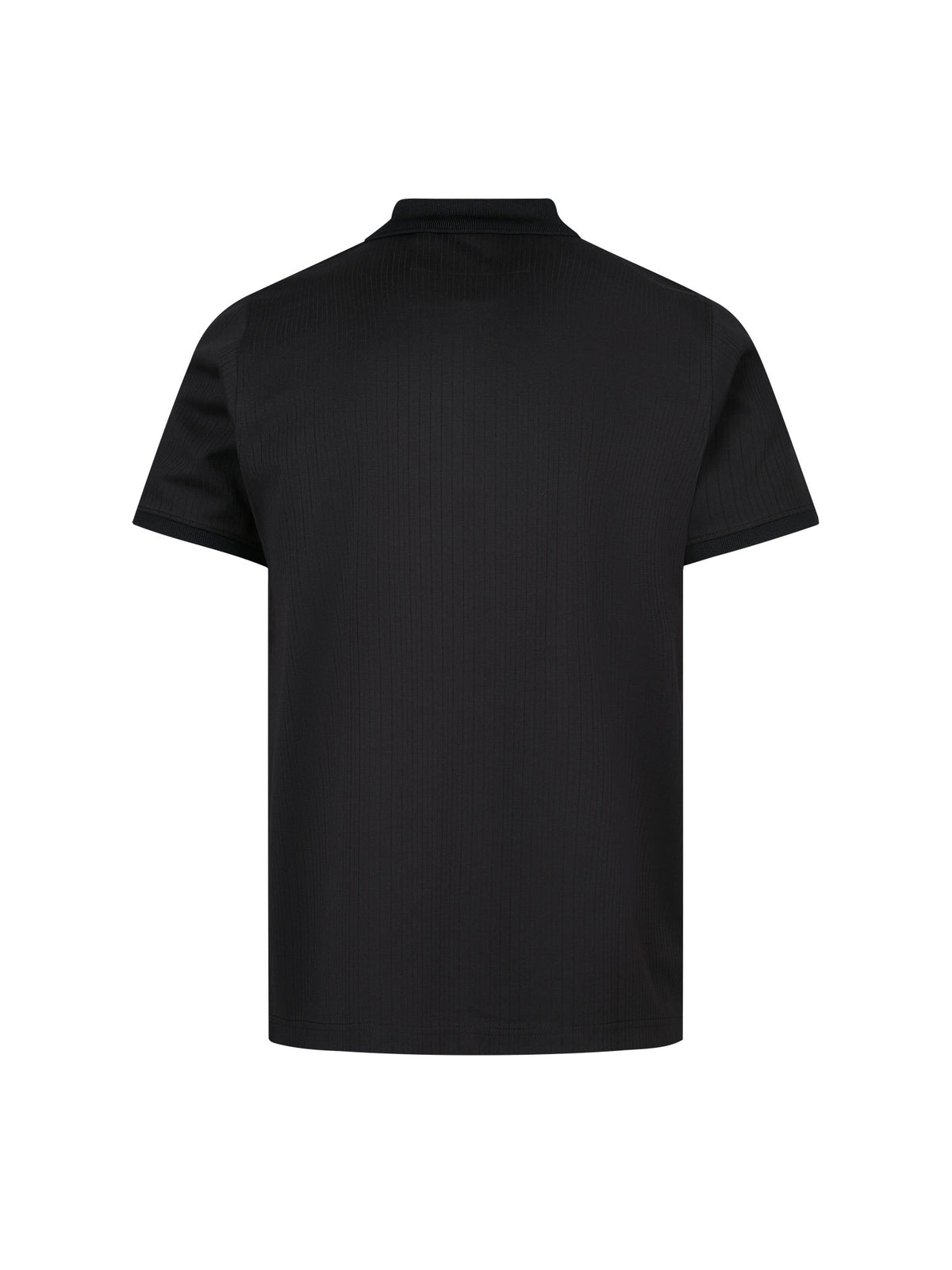Men's black polo shirt with polo collar, back view