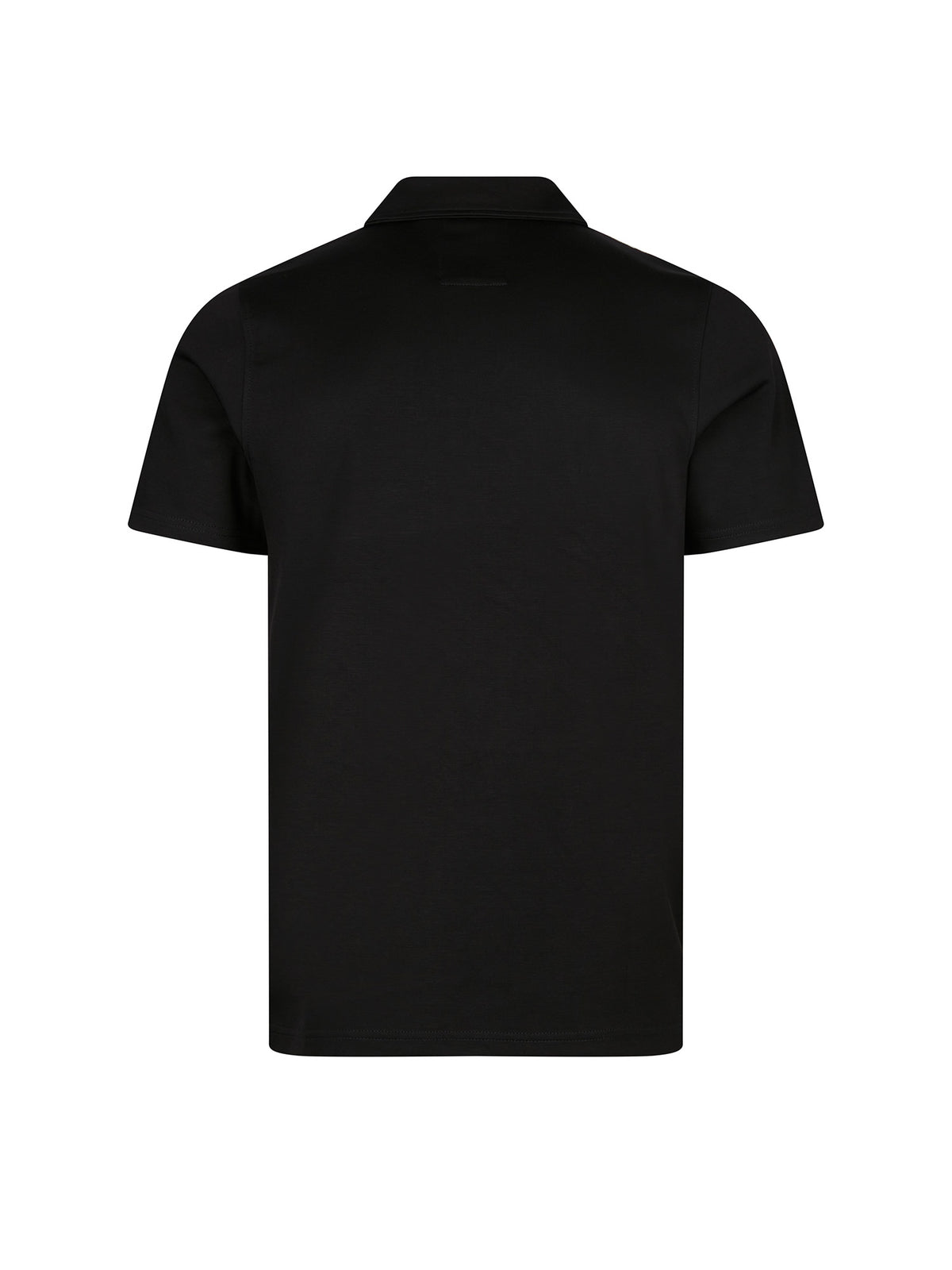 Men's black polo shirt with polo collar, back view