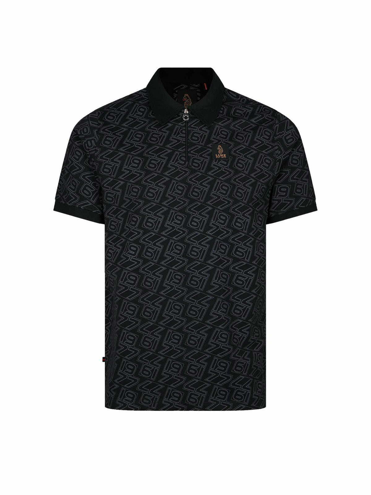 Men's black polo shirt with polo collar, front view