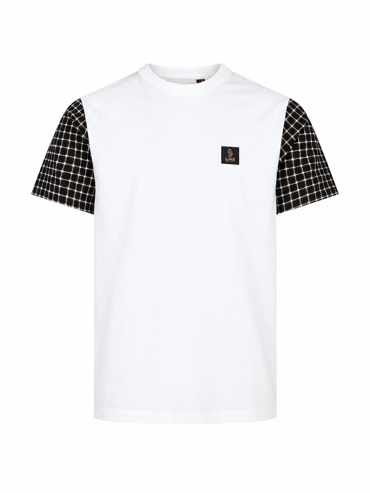 LUKE 1977 Dale men's check sleeve t-shirt in white with contrast check sleeves and woven badge