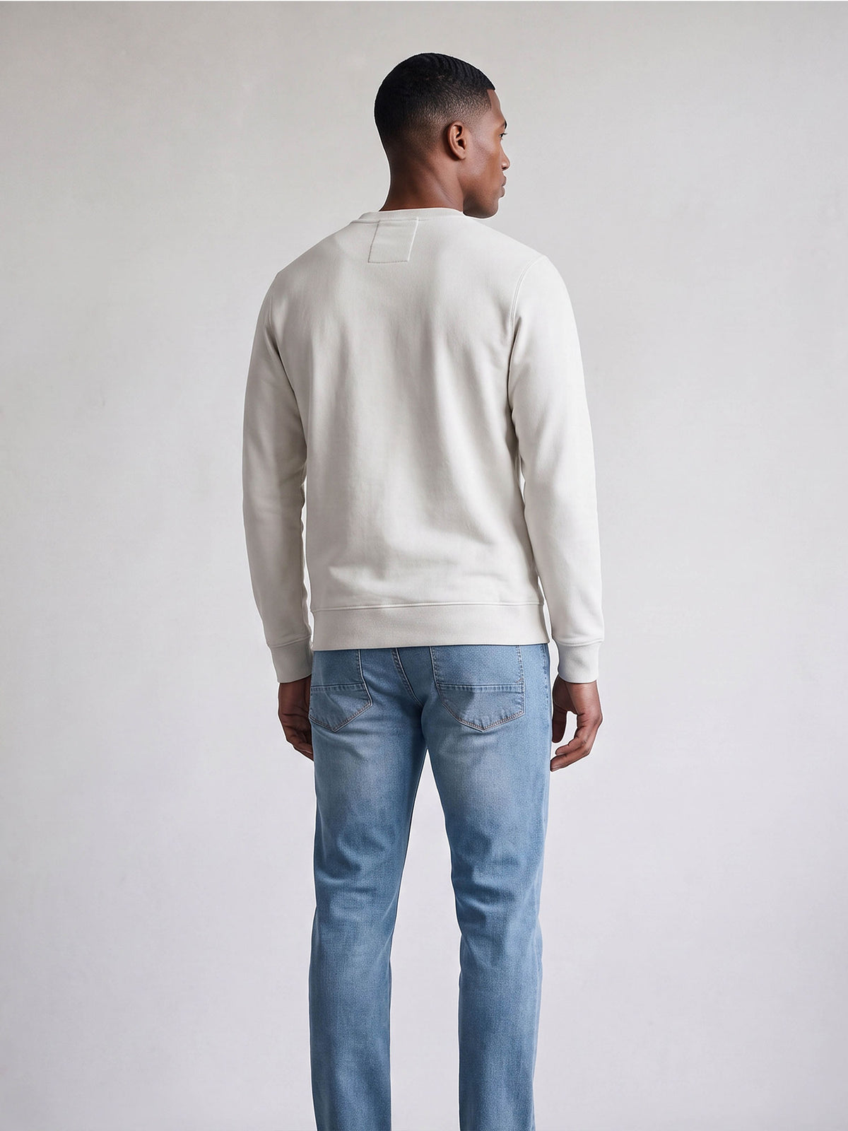 Back view of stone LUKE 1977 Leo lux touch crew neck sweatshirt worn by model