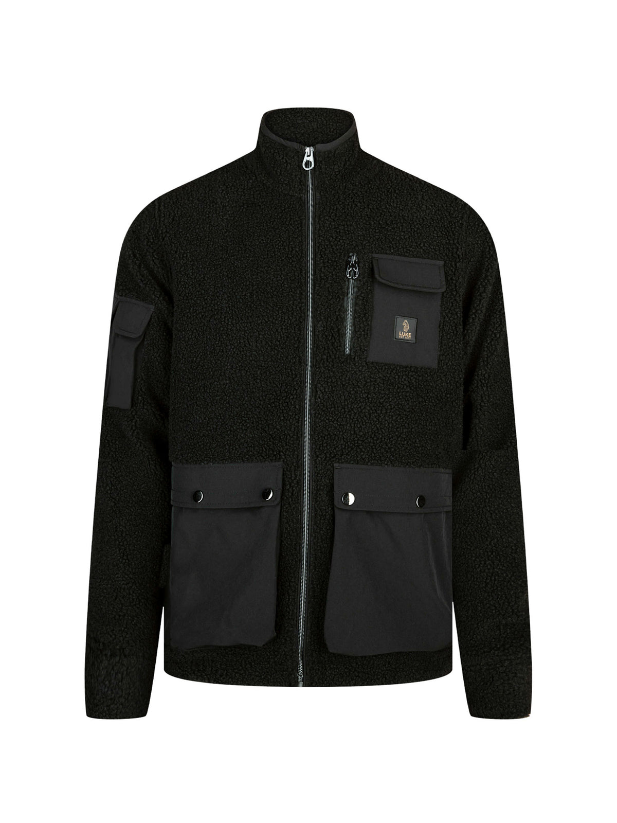LUKE 1977 Roydon men's funnel neck borg jacket in black with nylon chest pocket
