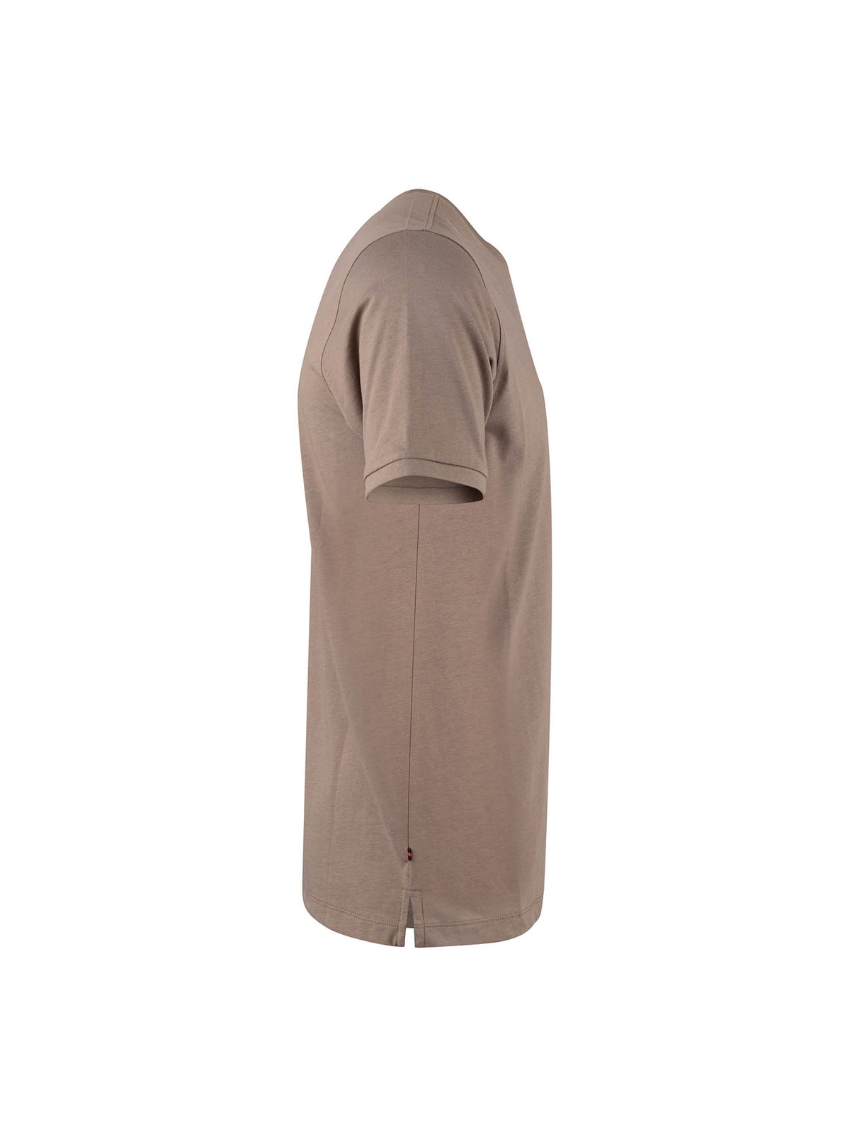 Men's brown t-shirt with crew neck and short sleeves worn by a model - side view.