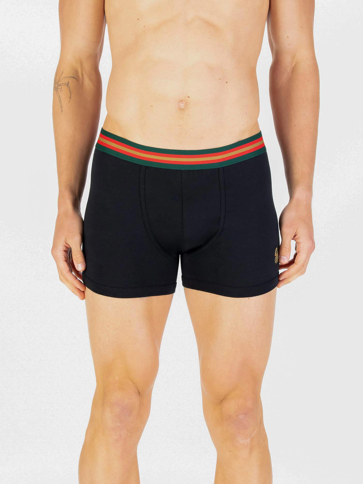 Man wearing black LUKE 1977 Rick Long trunk boxers with tri-colour waistband, front view