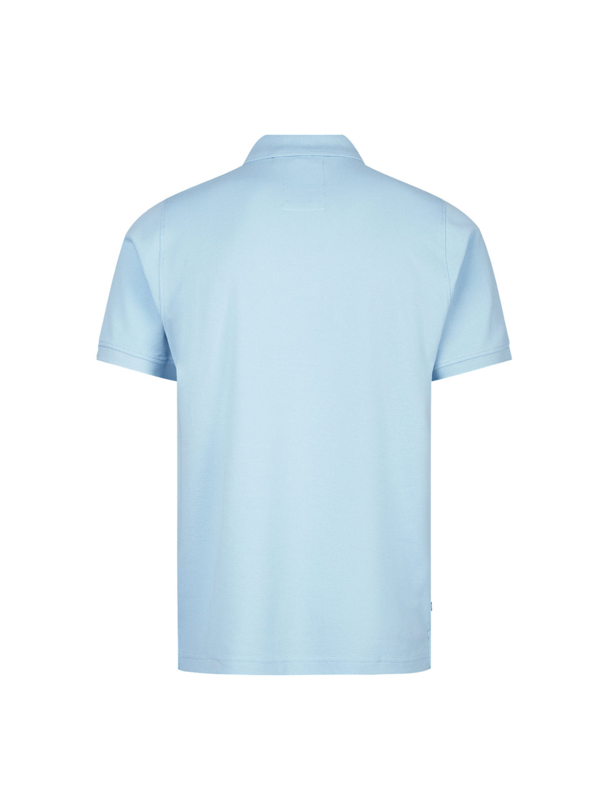 Men's blue polo shirt with polo collar, back view