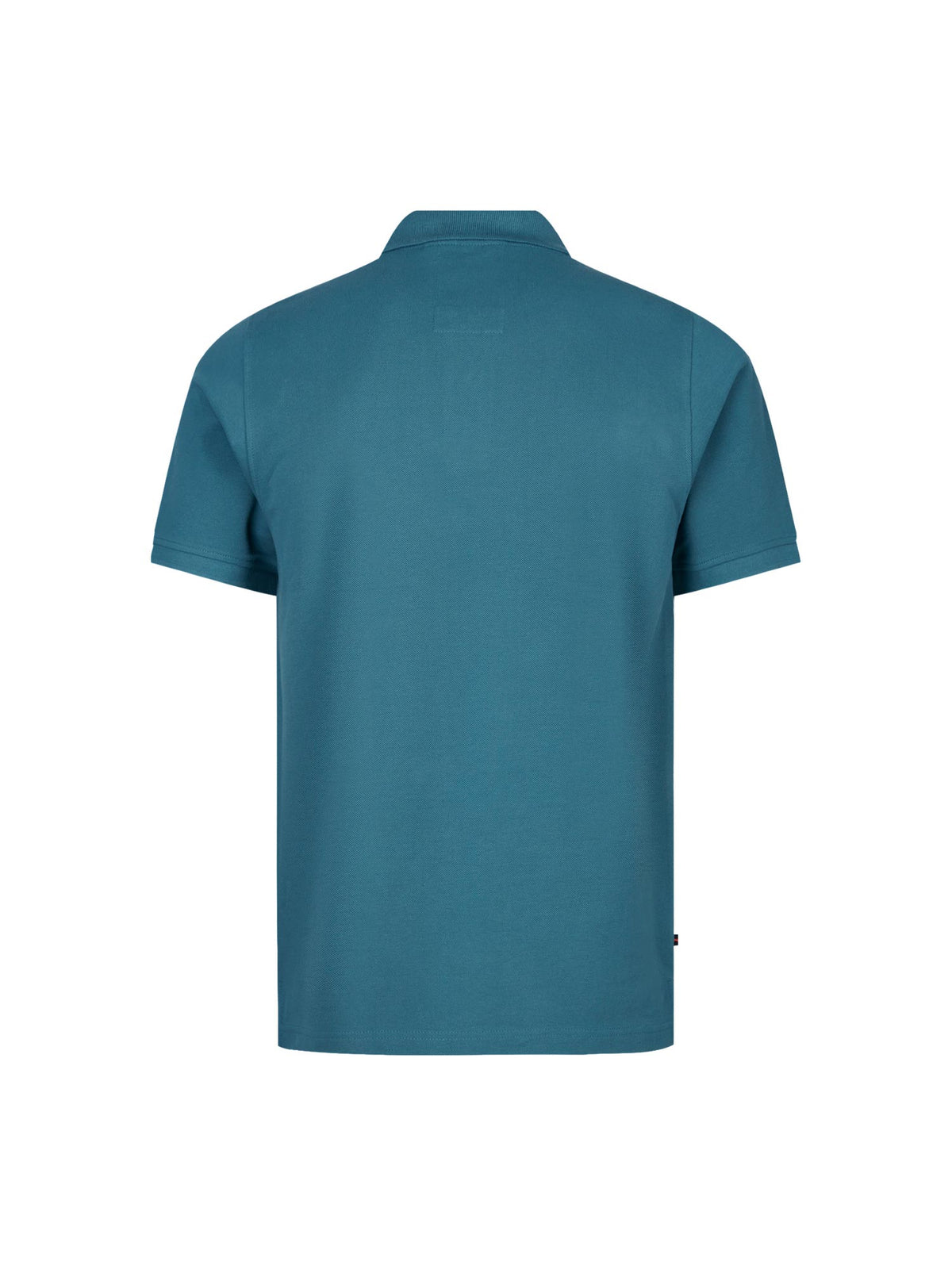 Men's blue polo shirt with polo collar, back view