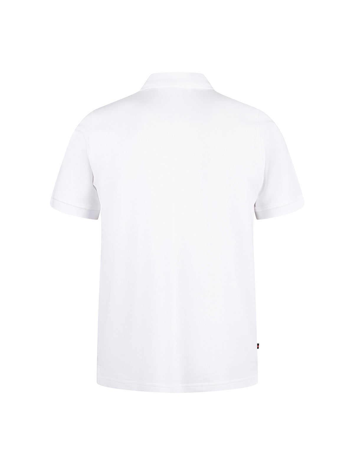 Men's white polo shirt with polo collar, side view