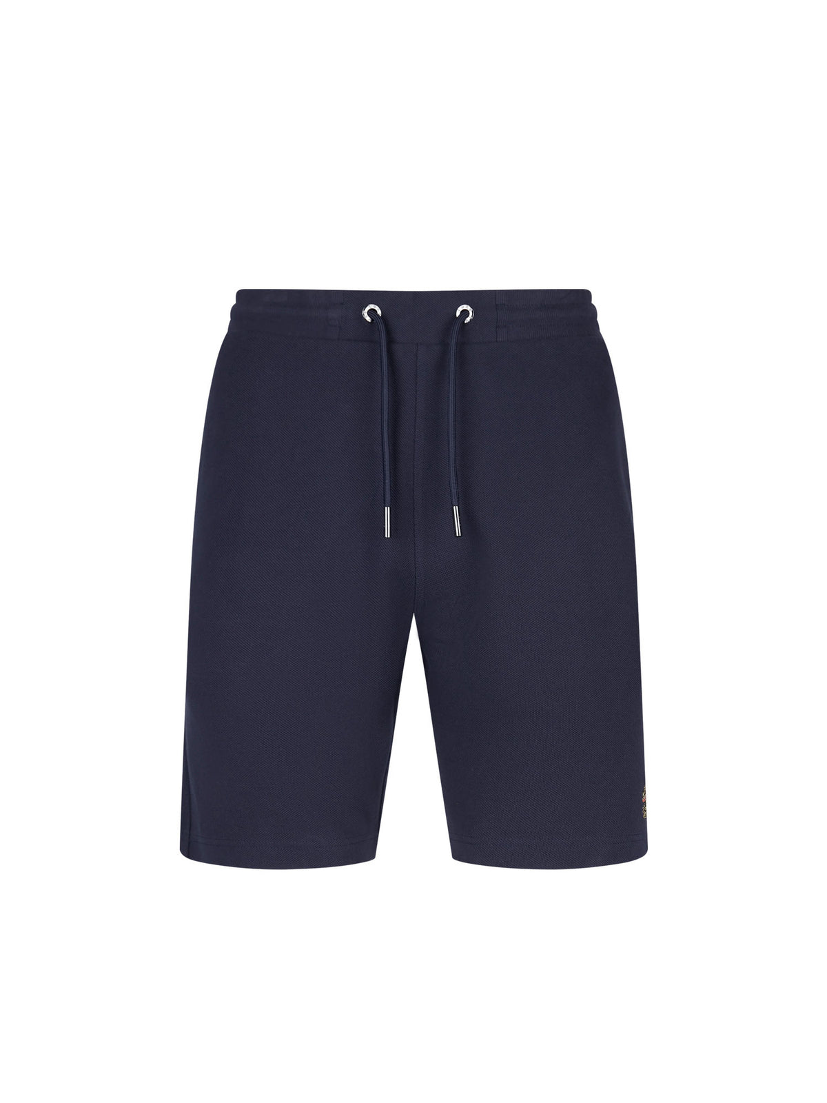 Men's navy short set with short-sleeve shirt and drawstring shorts. Shorts front view.