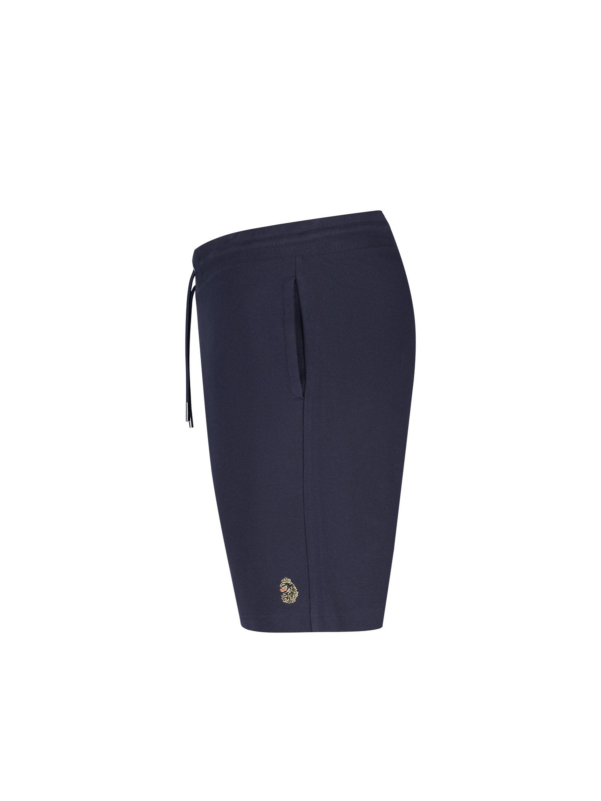 Men's navy short set with short-sleeve shirt and drawstring shorts, side image of the shorts.
