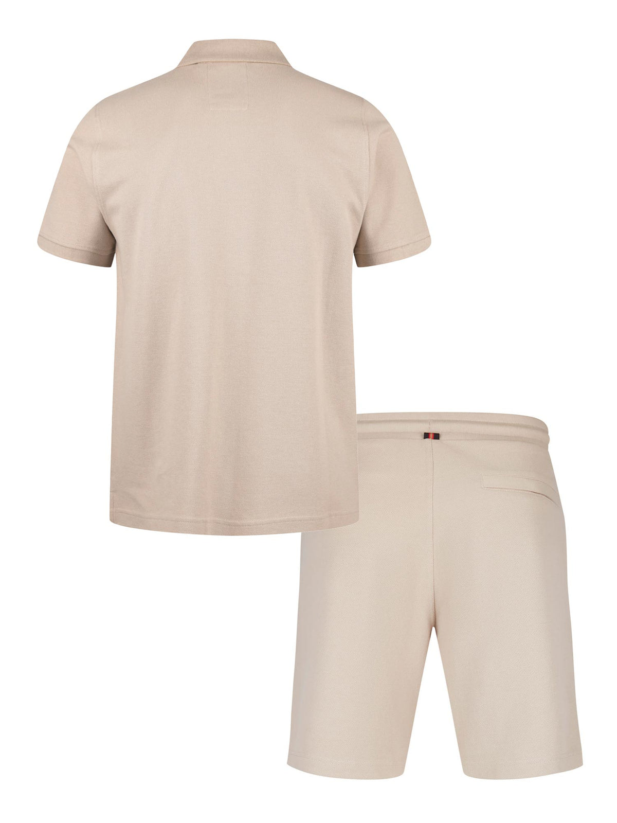 Men's beige short set with short-sleeve shirt and drawstring shorts, back view.