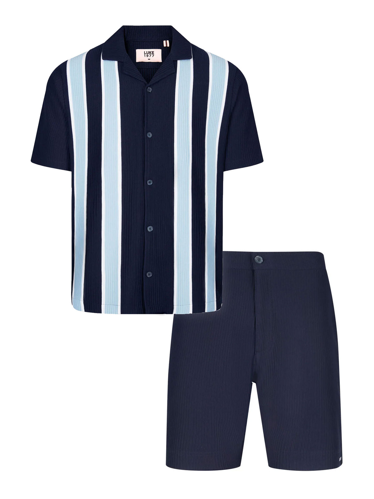 Men's navy short set with short-sleeve Cuban collar shirt and matching shorts, front view
