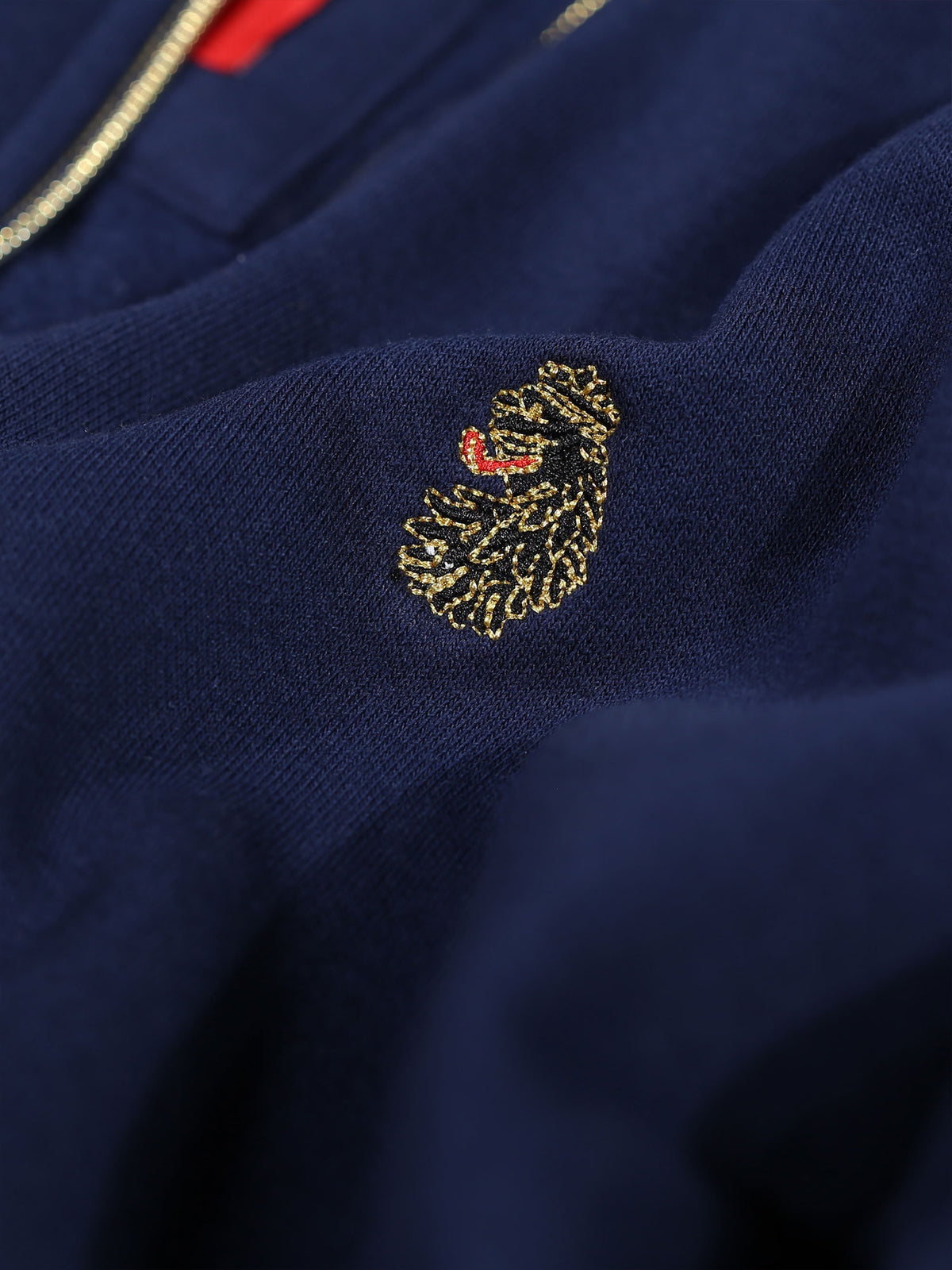 Boy's sweatshirt with quarter-zip and fleece, lion motif detail view