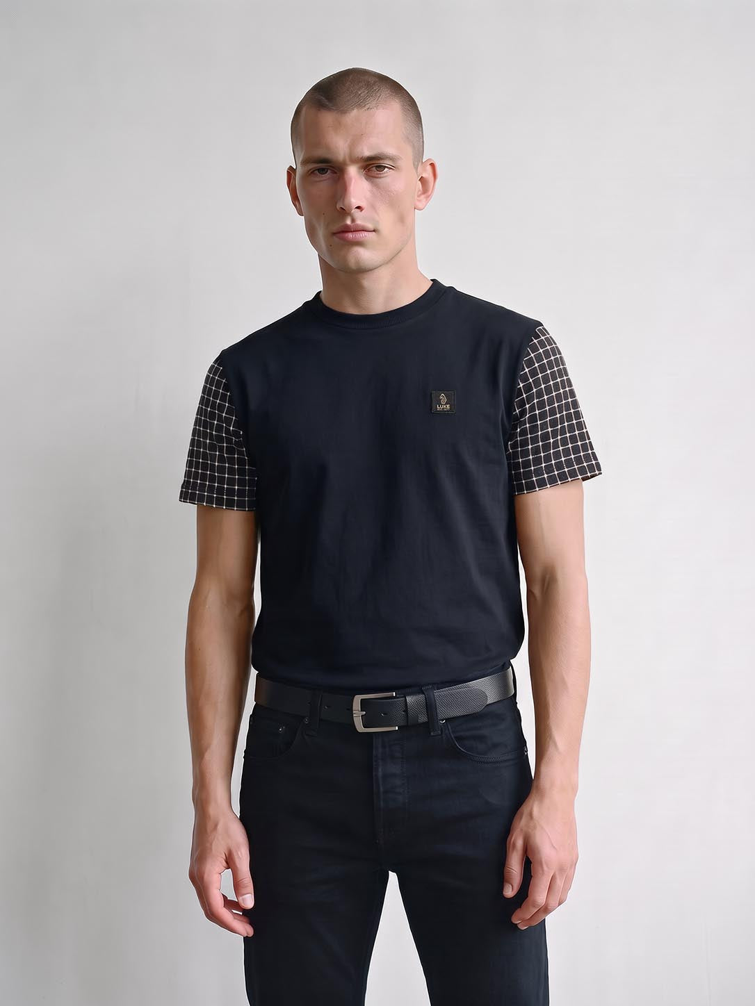Dale Check Sleeve T-Shirt - Navy