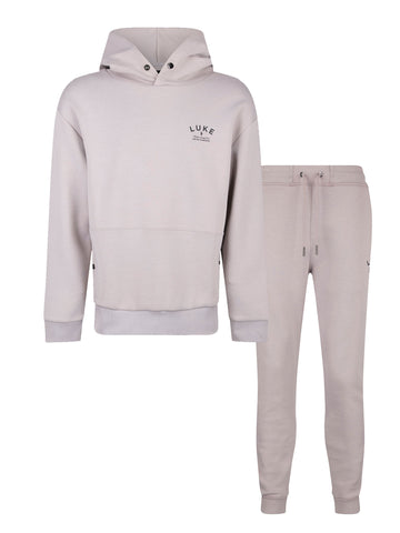 Men's grey tracksuit with pullover hoodie and matching joggers.