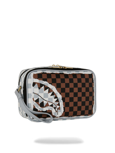 SPRAYGROUND CREAM AND BROWN TEAR CHECK TOILETRY BAG
