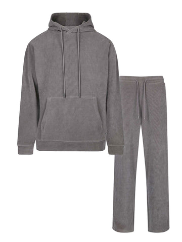 Men's relaxed-fit grey tracksuit with pullover hoodie and matching joggers, front view