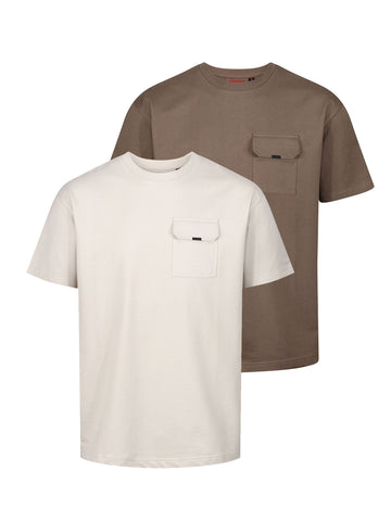 Men's relaxed-fit beige and brown t-shirt with crew neck and short sleeves - front view.
