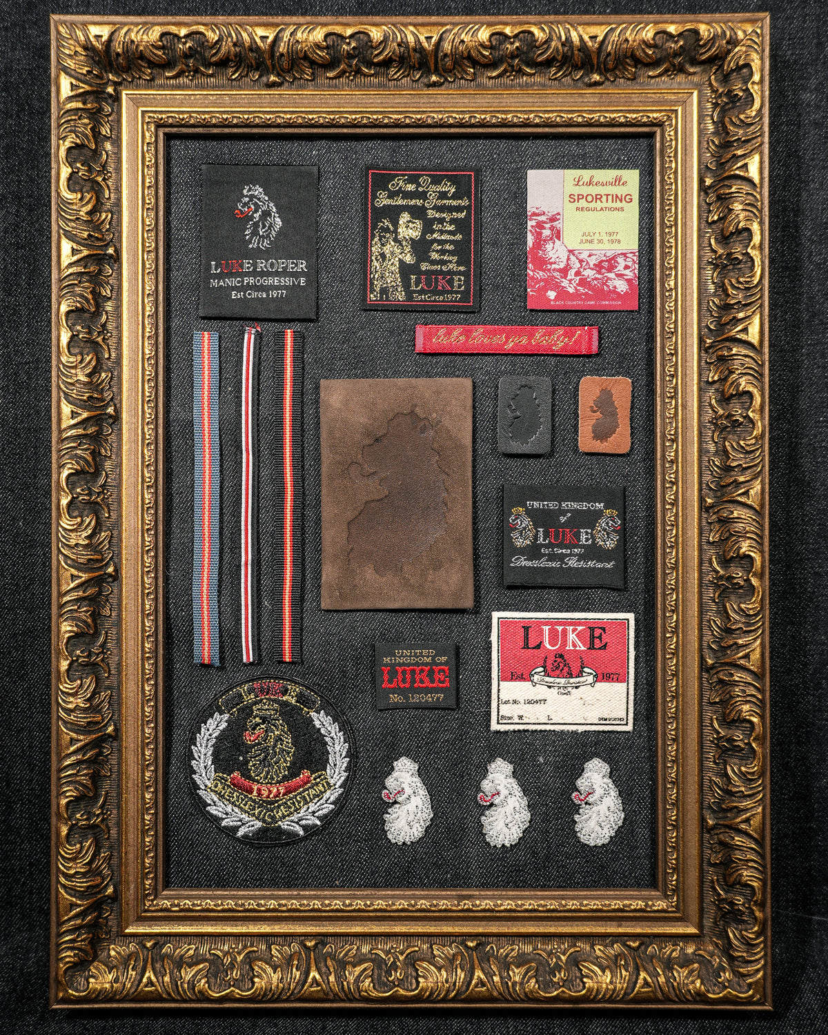 A frame of badges and logos across the years at LUKE 1977
