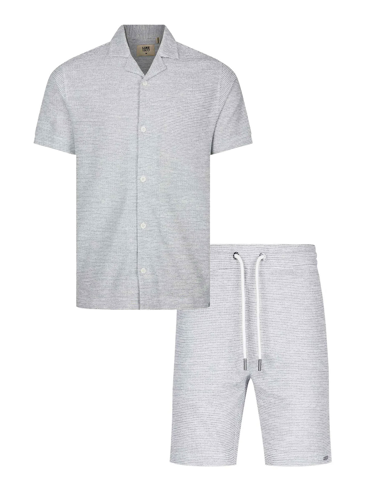 Men's grey short set with short-sleeve shirt and matching shorts, front view