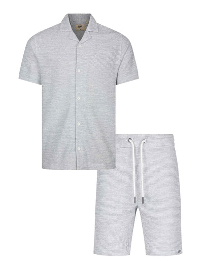 Men's grey short set with short-sleeve shirt and matching shorts, front view