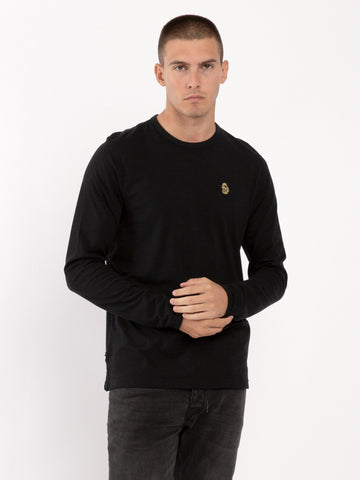 Men's black t-shirt with crew neck and short sleeves worn by a model - front view.