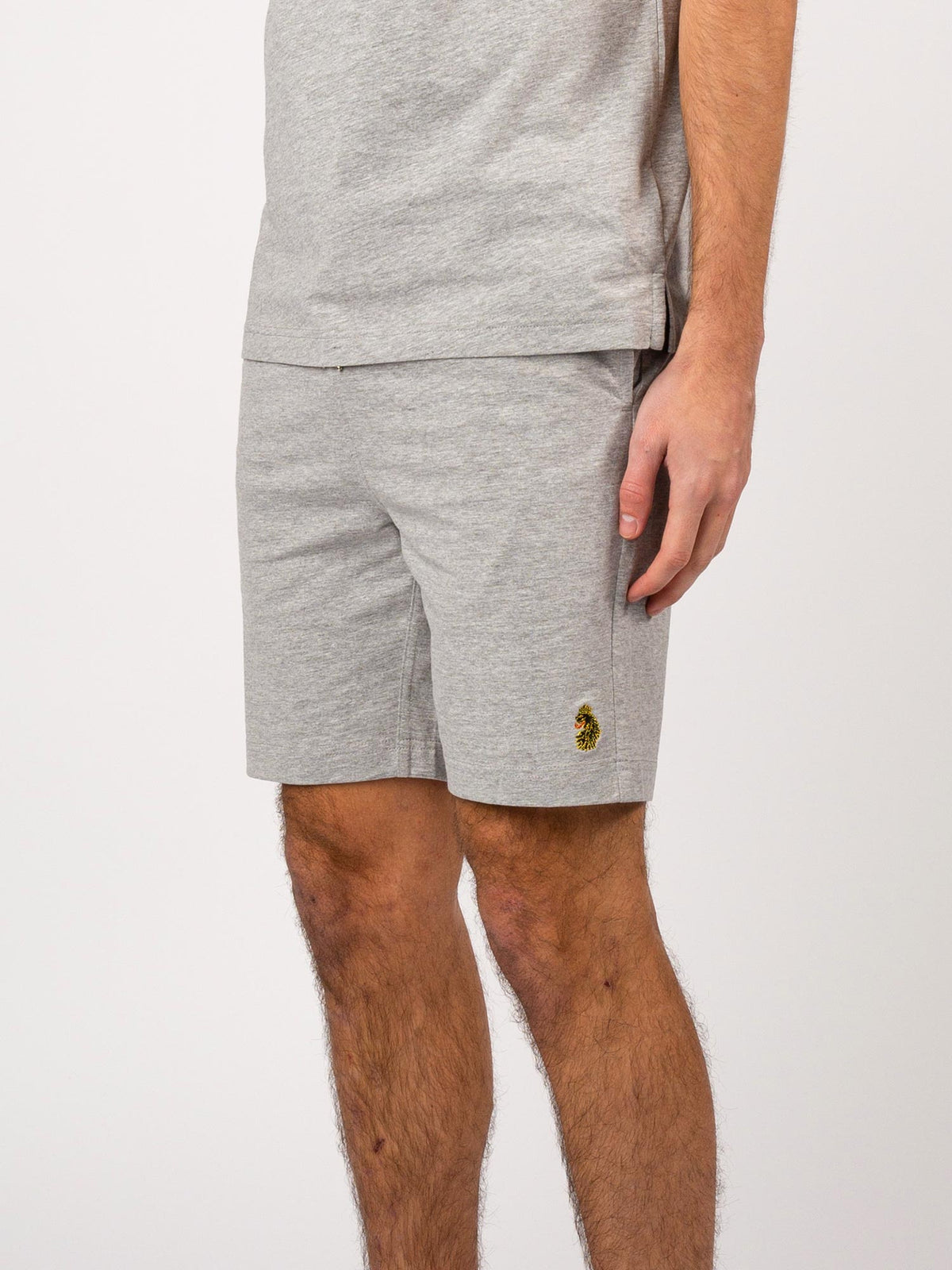 Men's grey shorts with drawstring waistband.