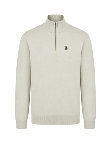 LUKE 1977 Pretender men's quarter zip knitted jumper in stone with lion head embroidery