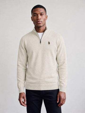 Man wearing stone LUKE 1977 Pretender quarter zip knitted jumper, front view