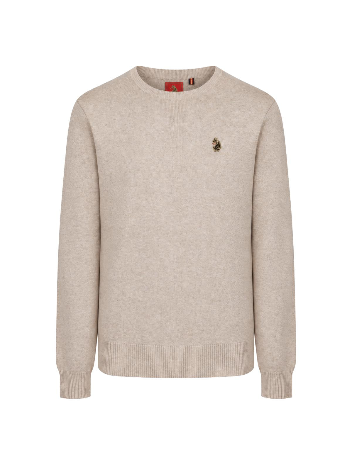 LUKE 1977 Gerard men's knitted cotton jumper in stone marle with lion head embroidery