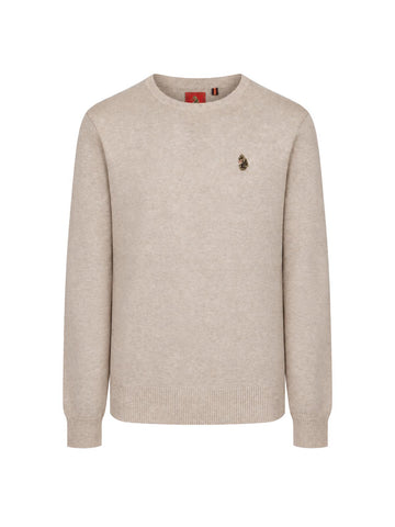 LUKE 1977 Gerard men's knitted cotton jumper in stone marle with lion head embroidery