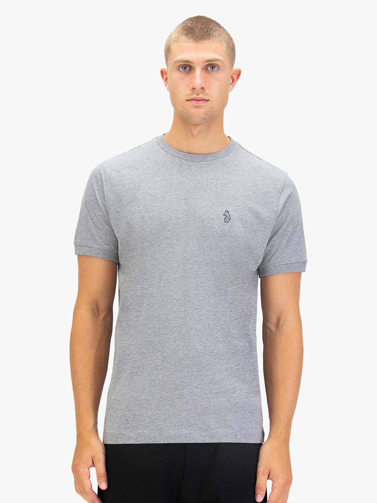 Men's grey t-shirt with crew neck worn my a model - front view.