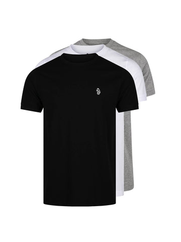 Men's 3 pack t-shirt with crew neck, black, white & grey - front view.