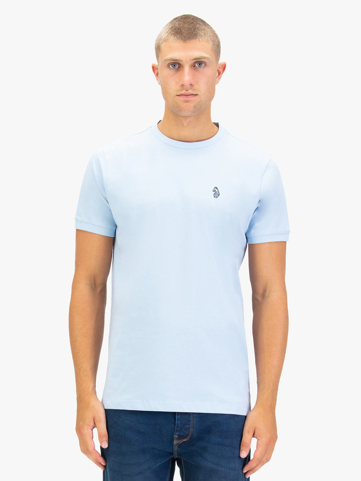 Men's blue t-shirt with crew neck worn my a model - front view.