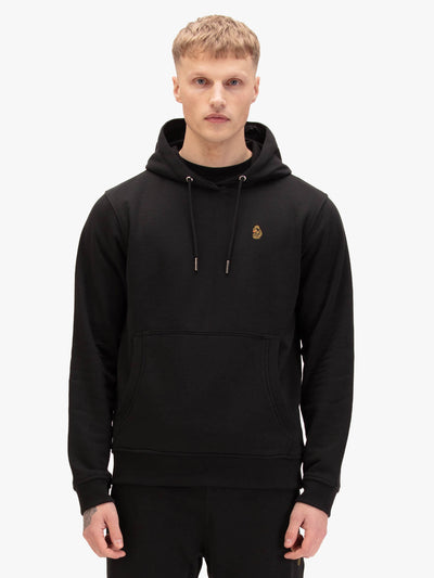 Men's black hoodie with front pocket and drawstring hood.