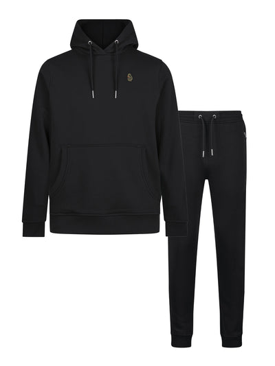Men's black tracksuit with hoodie and matching joggers, front view